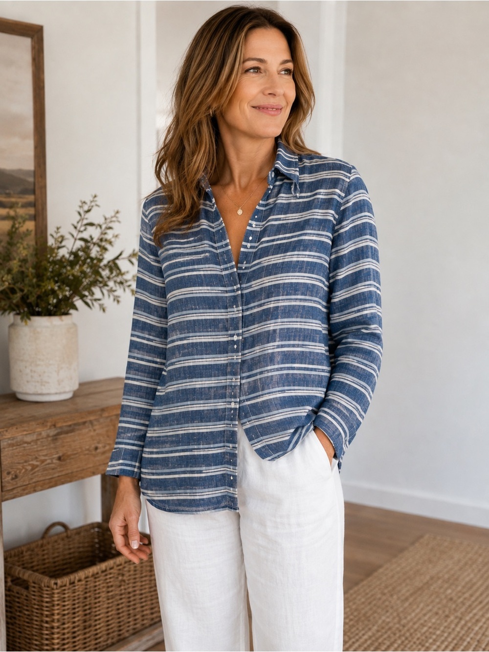 Garnet Hill Blue and White Striped Top Size Small Linen coastal Beach Vacation